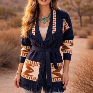 CocoGio Made in Italy Aztec Fringed Wool Blend Cardigan Sweater Small Longline